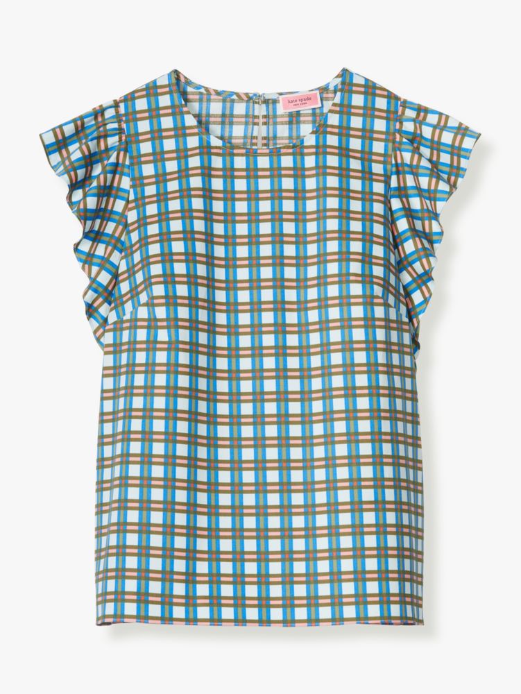 Kate Spade,plaid flutter top,tops & blouses,Icy Aqua