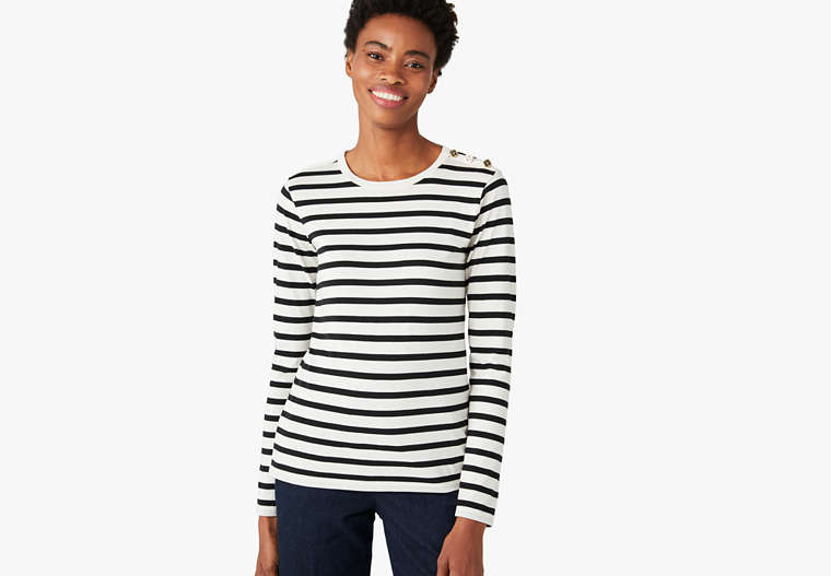 Kate Spade,striped button shoulder-tee,t-shirts & sweatshirts,Cream