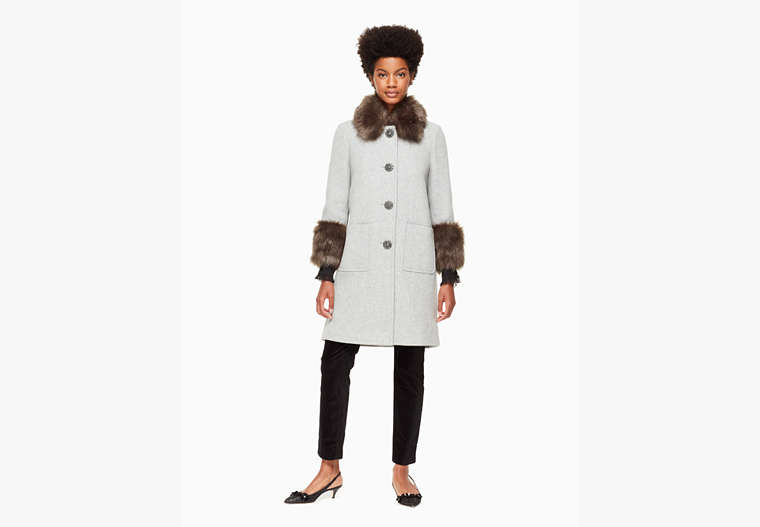 Kate Spade,faux fur trim coat,Black Multi