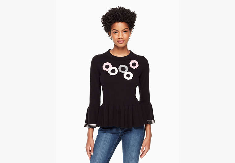 Kate Spade,crochet flower bell sweater,Black