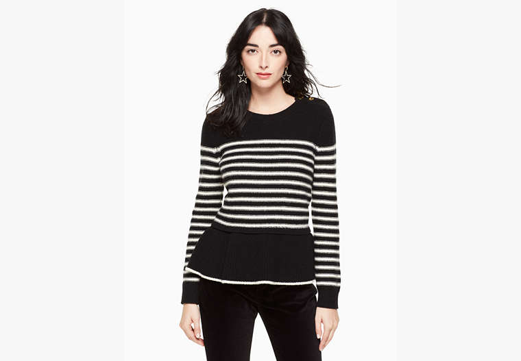 Kate Spade,stripe peplum sweater,Black/Crm
