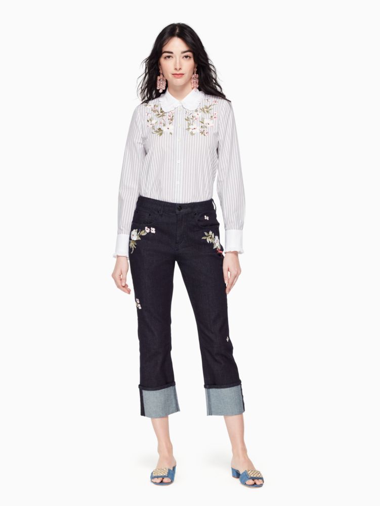 Embroidered Stripe Ruffle Top, , Product