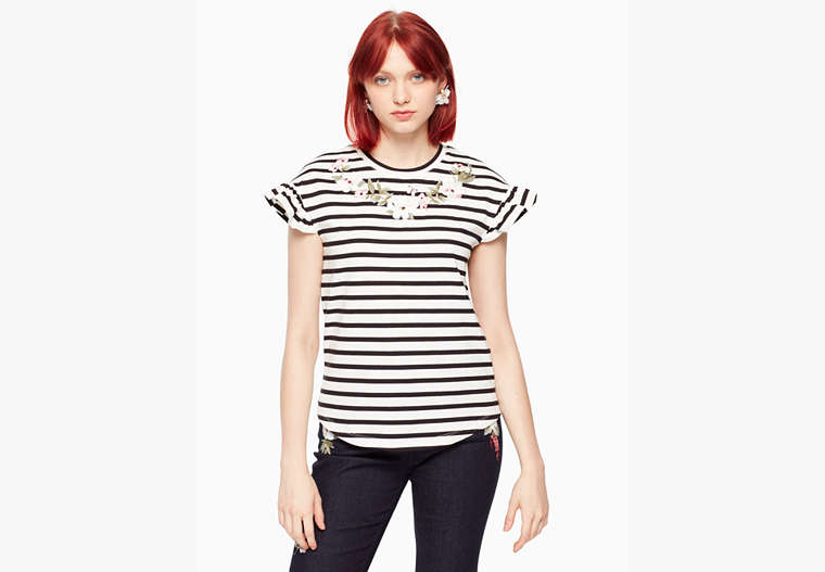 Kate Spade,embroidered ruffle tee,tops & blouses,Off White/Black
