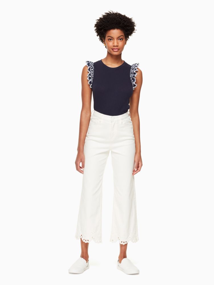 Kate Spade,cutwork denim,pants,Parchment