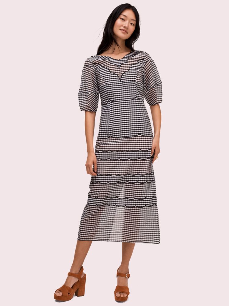 Kate Spade,embroidered gingham dress,Black/Crm