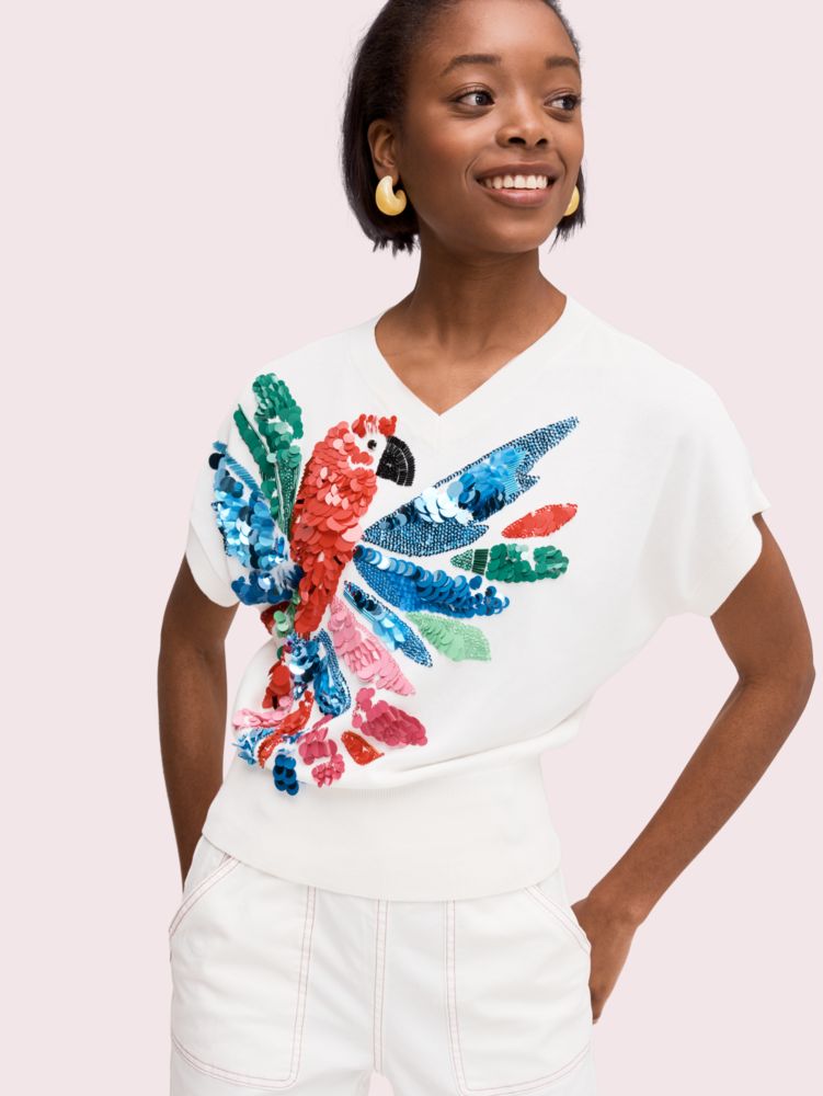 Kate Spade,embellished parrot sweater,French Cream