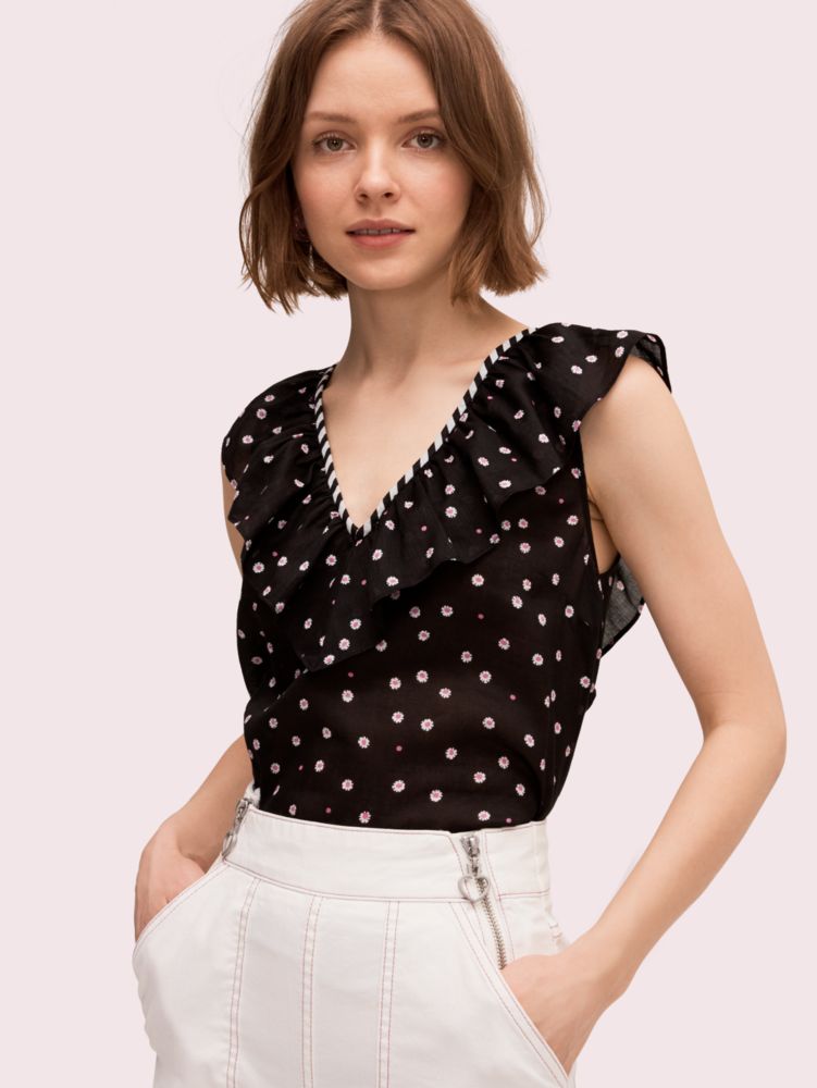 Kate Spade,daisy dot ruffle top,Black