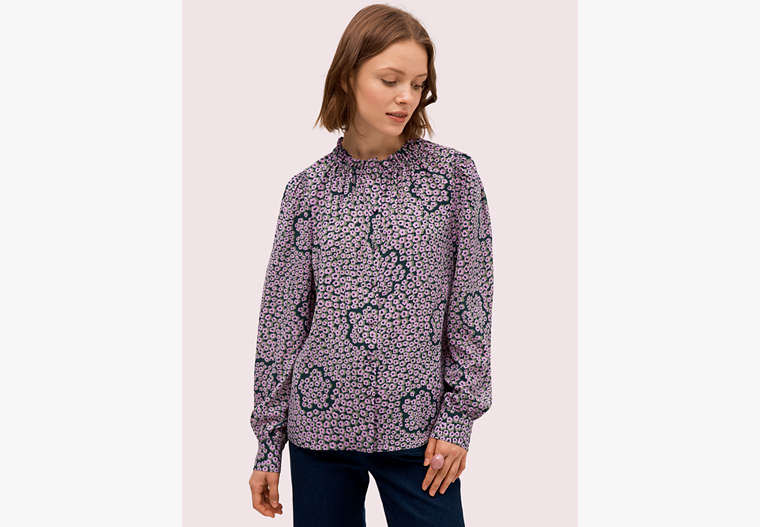 Kate Spade,flair flora ruffle neck blouse,Deep Spruce