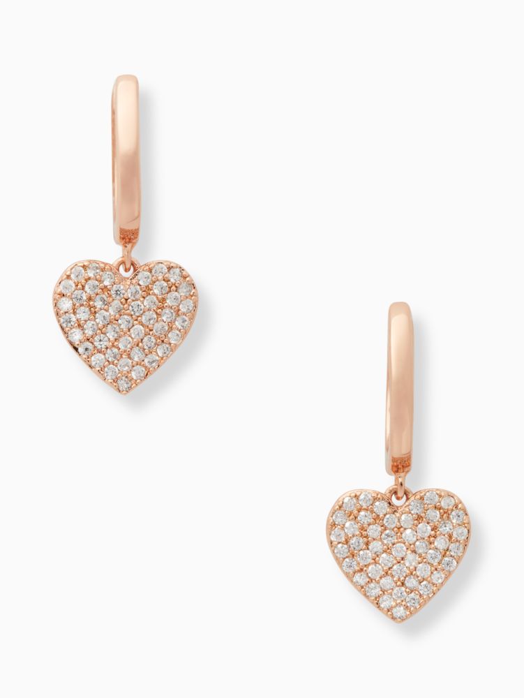 Kate Spade,yours truly pave heart drop earrings,earrings,Clear/Rose Gold