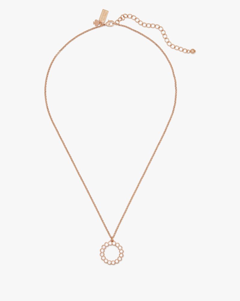 Kate Spade,Full Circle Mini Pendant,Single Strand,Rhinestones,Bar Embellishment,Engraved Detail,Logo,Rose Gold Plated,Work,Clear