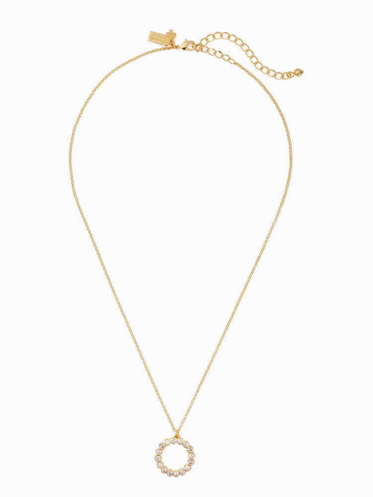 Kate Spade,Full Circle Mini Pendant Necklace,Single Strand,Cubic Zirconia,Gem Embellishment,Gold Metal,Work,Clear