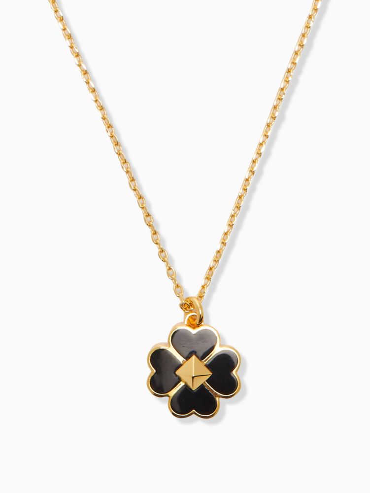 Gold Plated Black Enamel Five Leaf Clover Flower Necklace 