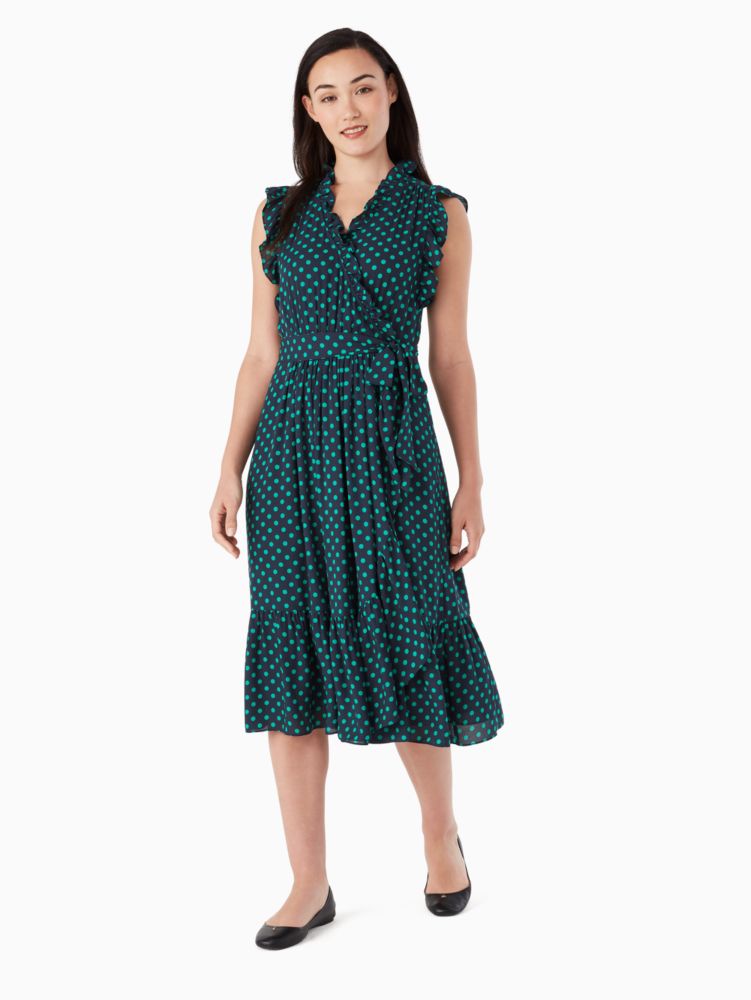 Kate Spade,Dot Dot Dot Ruffle Wrap Dress,Woven,Polyester,Lining Polyester,A-Line,Ruched,Tie Belt,Ruffles,Lined,Day Party,Emerald