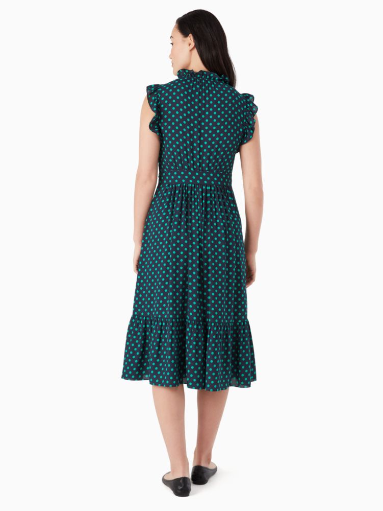 Kate Spade,Dot Dot Dot Ruffle Wrap Dress,Woven,Polyester,Lining Polyester,A-Line,Ruched,Tie Belt,Ruffles,Lined,Day Party,Emerald