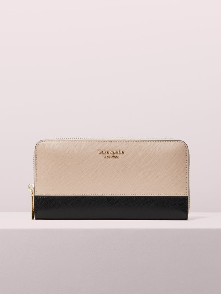 Kate Spade,spencer zip-around continental wallet,Warm Beige/Black