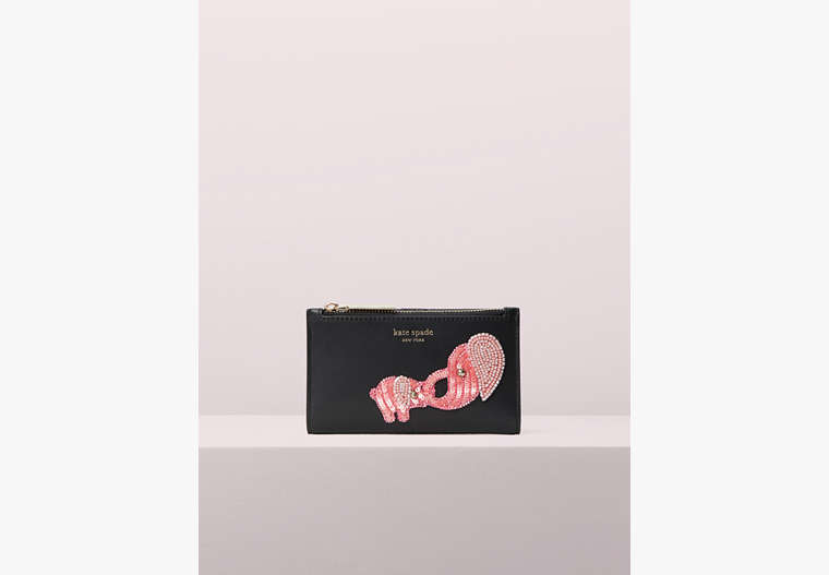 Kate Spade,beaded tiny elephant small slim bifold wallet,Black / Glitter