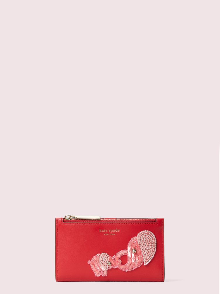 Kate Spade,Beaded Tiny Elephant Small Slim Bifold Wallet,