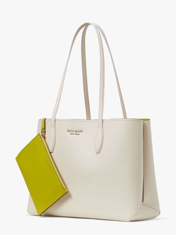 Kate Spade,All Day Large Tote,Leather,Faux Leather,Tote,Wristlet,Pouch,Metal,Logo,Scratch Resistant,Gold Metal,Work,Casual,