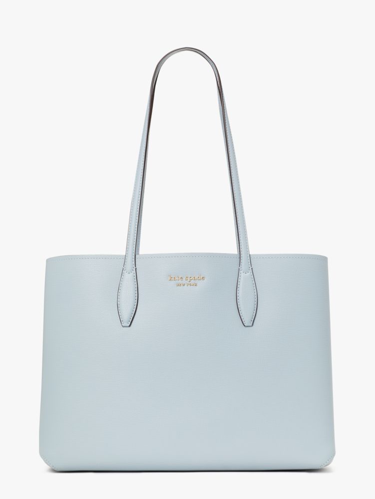 Kate Spade,All Day Large Tote,Leather,Faux Leather,Tote,Wristlet,Pouch,Metal,Logo,Scratch Resistant,Gold Metal,Work,Casual,Blue,Beige