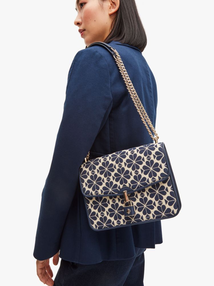 Kate Spade,spade flower jacquard locket large flap shoulder bag,shoulder bags,Large,Blue Multi