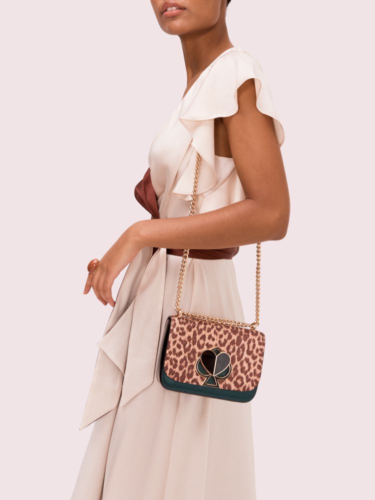 Nicola Metallic Leopard Twistlock Small Convertible Chain Shoulder Bag, , Product