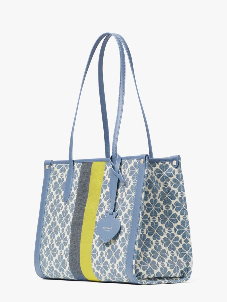 Kate Spade,Spade Flower Jacquard Stripe Market Medium Tote,Nylon,Leather,Tote,Stripe,Piping,Logo,Gusset,Gold Metal,Casual,