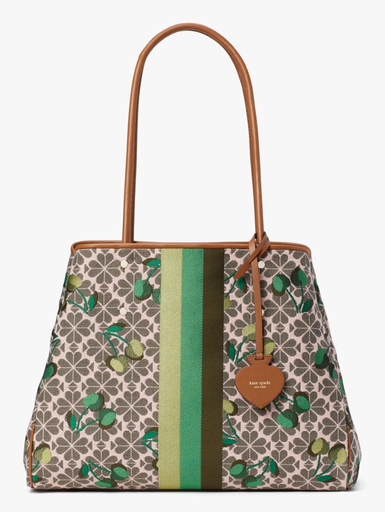 Kate Spade,spade flower jacquard everything cherry tricolor stripe large tote,tote bags,Mint Frosting