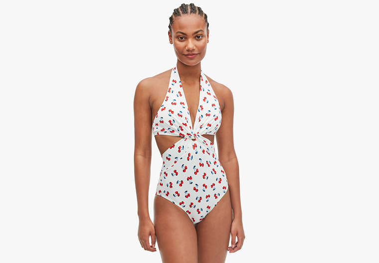 Kate Spade,cherry toss knotted halter one-piece,swimwear,Parchment image number 0