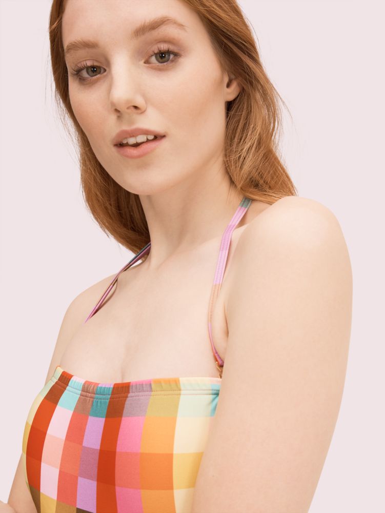 Watercolor Plaid Bandeau One Piece With Removable Puffy Sleeves
