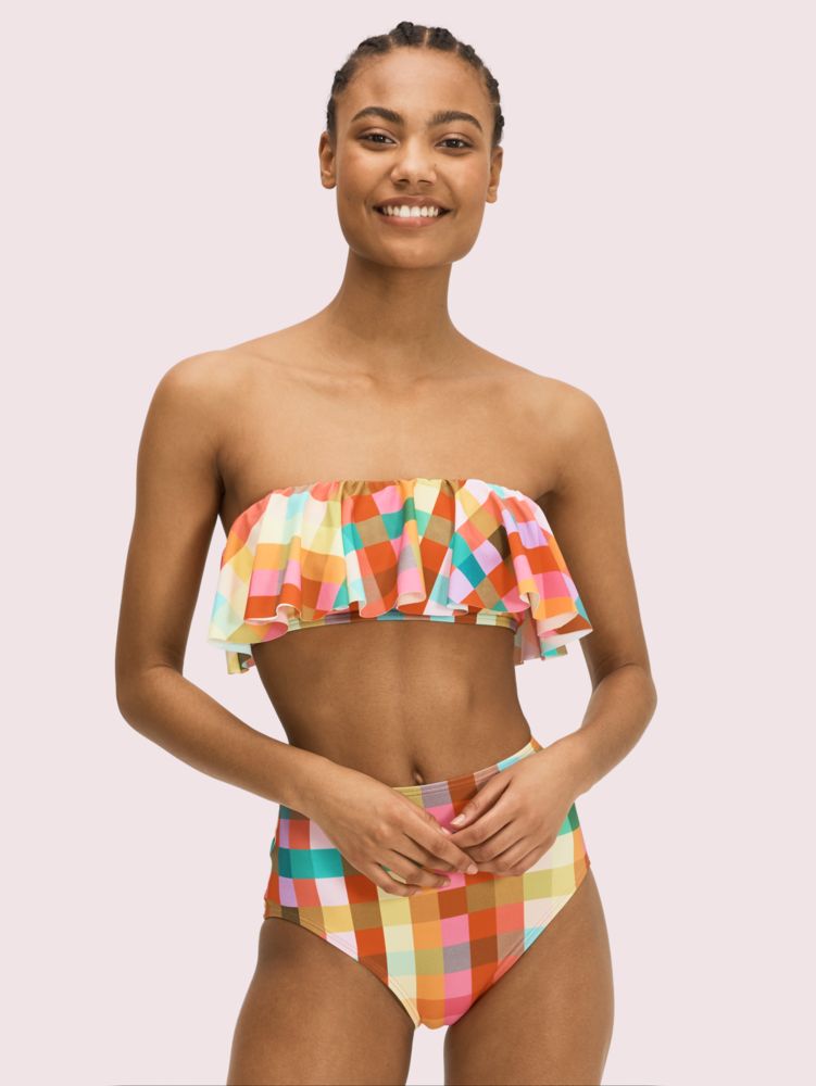 Kate Spade,Garden Plaid Ruffle Bandeau Bikini Top,