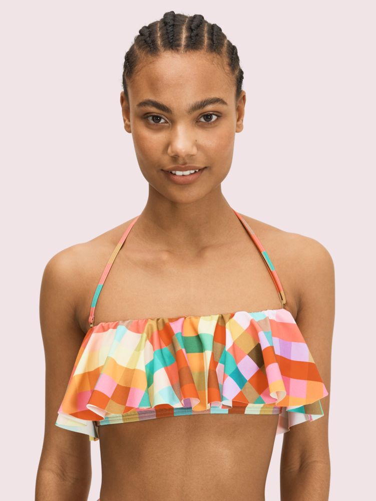 Kate Spade,Garden Plaid Ruffle Bandeau Bikini Top,