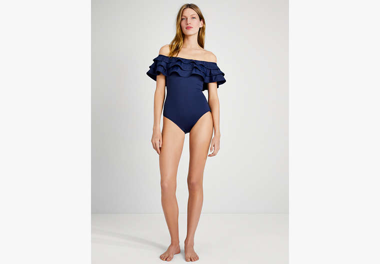 Kate Spade,Palm Beach Ruffle Off-The-Shoulder One-Piece,swimwear,Blazer Blue image number 0