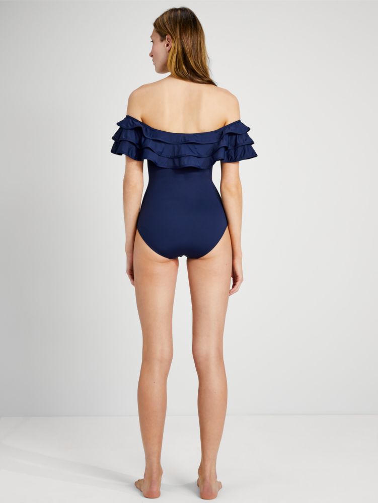 Kate Spade,Palm Beach Ruffle Off-the-shoulder One-piece,Microfiber,Spandex,Nylon,Polyester,One Piece,Layered,Ruffles,Leisure,