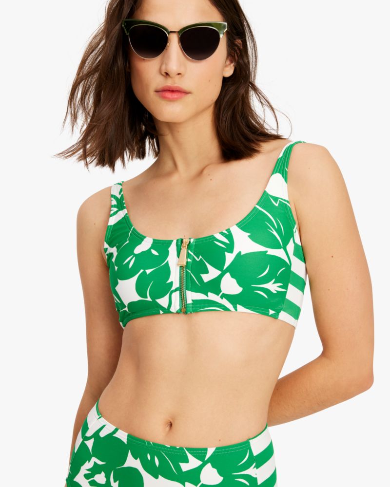 Kate Spade,Cabana Mix Zip-Front Bikini Top,Cabana Mix print,Forest Glen