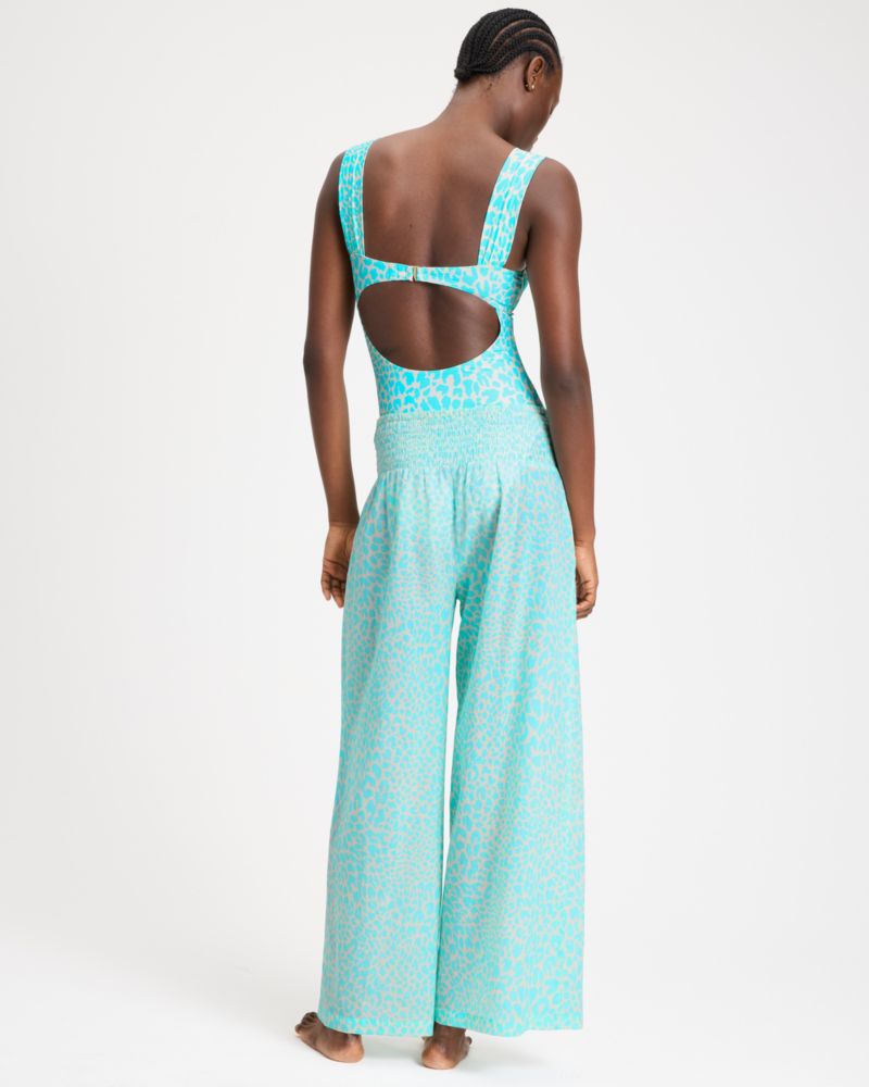 Kate Spade,Regal Leopard Cover-up Pants,Cotton,Wide Leg,Flared Leg,Shirring,Tie Belt,Swim Cover Up,Casual,Turquoise