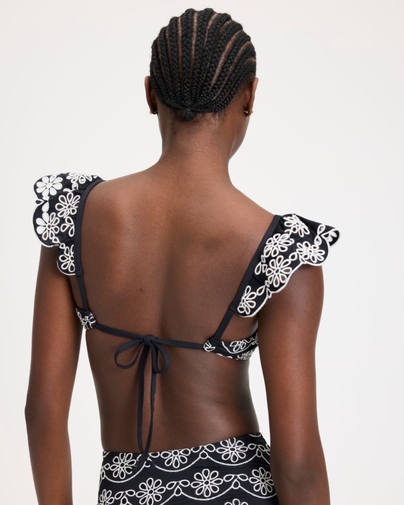 Kate Spade,Ruffle Eyelet Bikini Top,Nylon,Bralette,Sheer,Drawstring,Embroidered,Ruffles,Eyelet,Adjustable,Quick Dry,Leisure,Multi Color