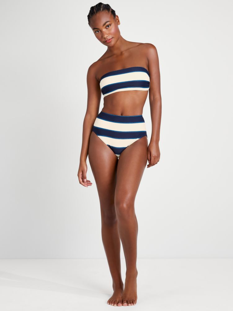 Kate Spade,Awning Stripe High-Waist Bikini Bottom,Rich Navy Multi