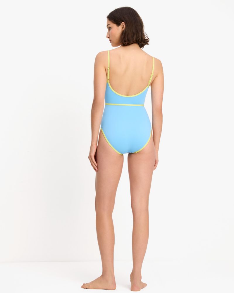 Kate Spade,Colorblock Belted One-piece,Nylon,Spandex,One Piece,Piping,Tie Belt,Adjustable,Leisure,Blue