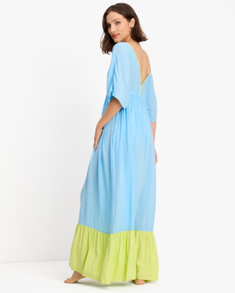 Kate Spade,Colorblock Midi Cover Up Dress,Rayon,Maxi,A-Line,Color Block,Piping,Ruched,Drawstring,Swim Cover Up,Casual,Acti...,Blue