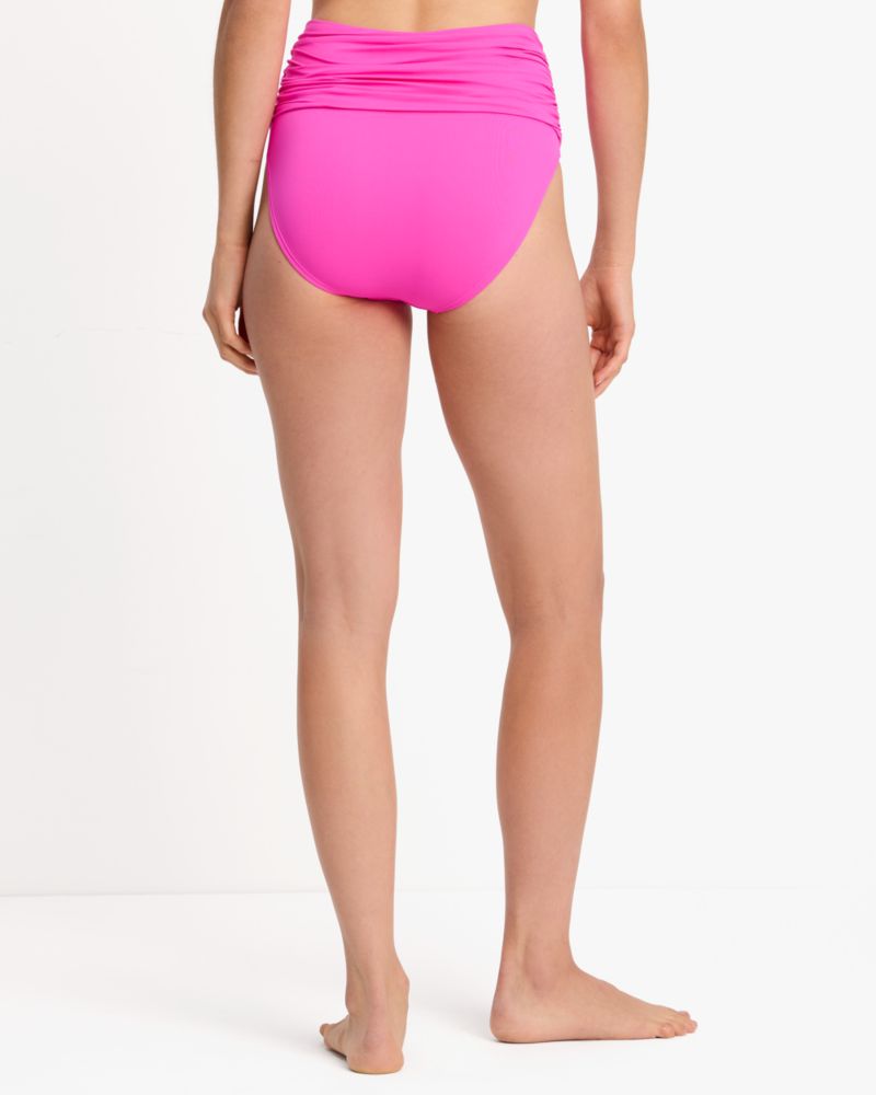 Kate Spade,Rosette High Waist Bottom,Nylon,Spandex,High Waisted,Full Coverage,Ruched,Leisure,Fuchsia