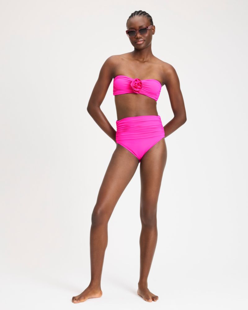 Kate Spade,Rosette Bandeau Top,Nylon,Spandex,Bandeau,3D Embellishment,Ruched,Leisure,Fuchsia
