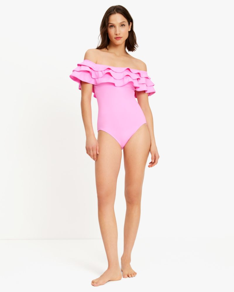 Kate Spade,Ruffle Off-The-Shoulder One-Piece,Carousel Pink