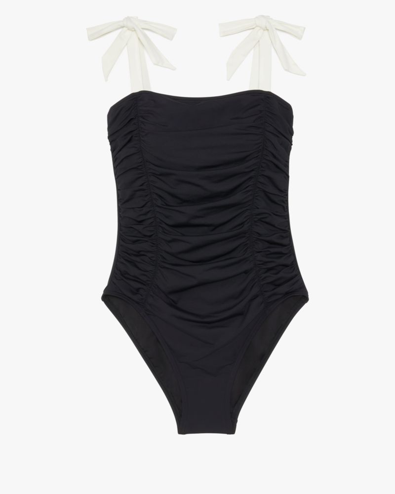 Kate Spade,Bow Shoulder Tie One-piece,Nylon,Spandex,One Piece,Tie Belt,Color Block,Ruched,Leisure,Black