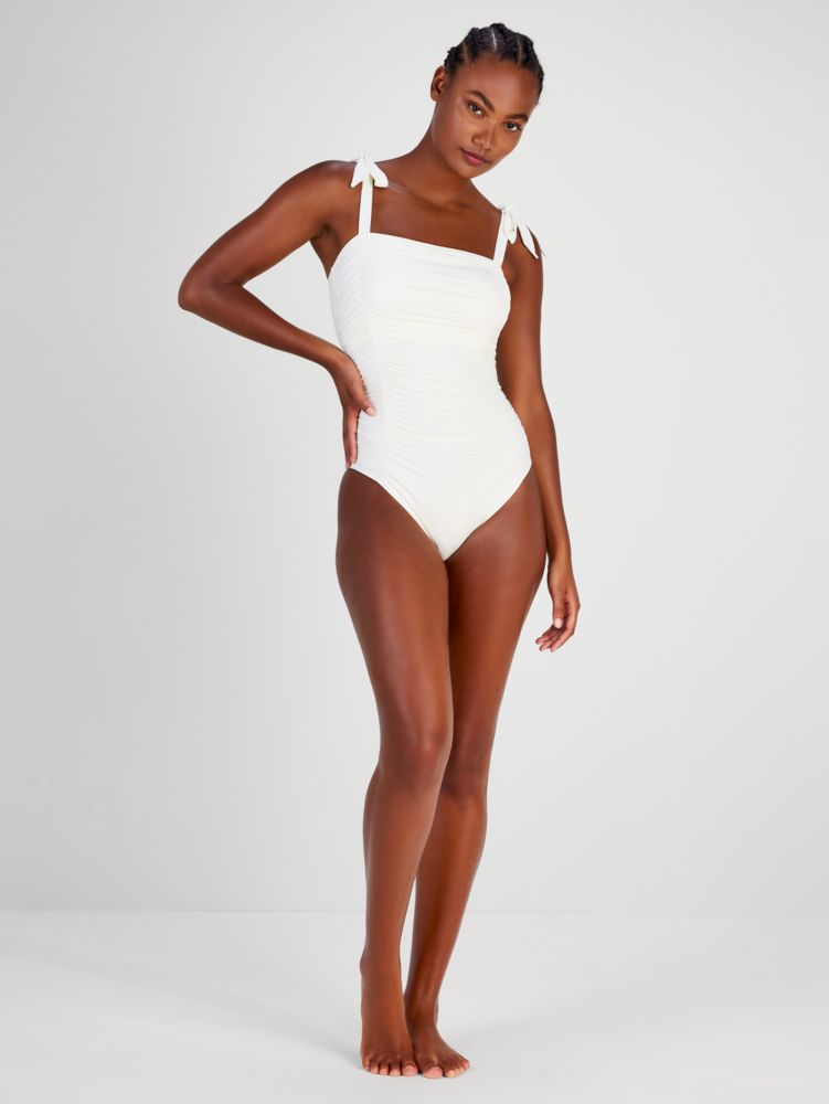 Kate Spade,Shirred Square Neck One-Piece,Ivory