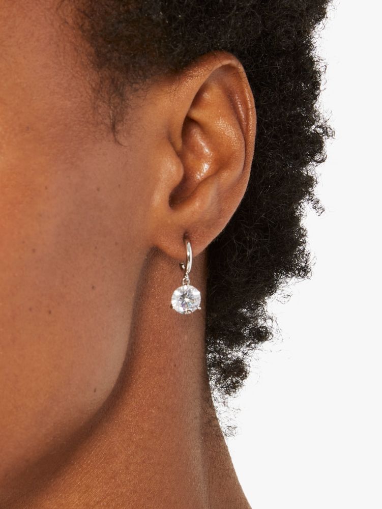 Kate Spade,Brilliant Statements Tri-prong Huggies,Huggies,Dangle Earring,Cubic Zirconia,Gem Embellishment,Silver Metal,Work,Clear