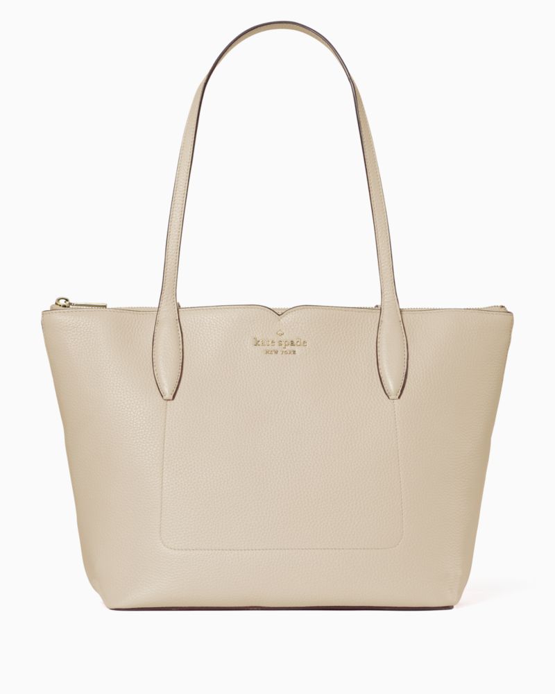 Kate Spade,Harlow Medium Tote,Leather,Tote,Logo,Metal,Lined,Work,Cream