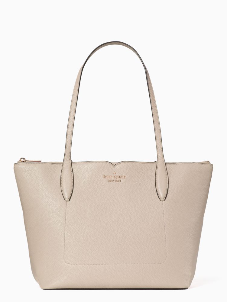 Kate Spade,Harlow Tote,Leather,Tote,Metal,Logo,Lined,Work,Beige