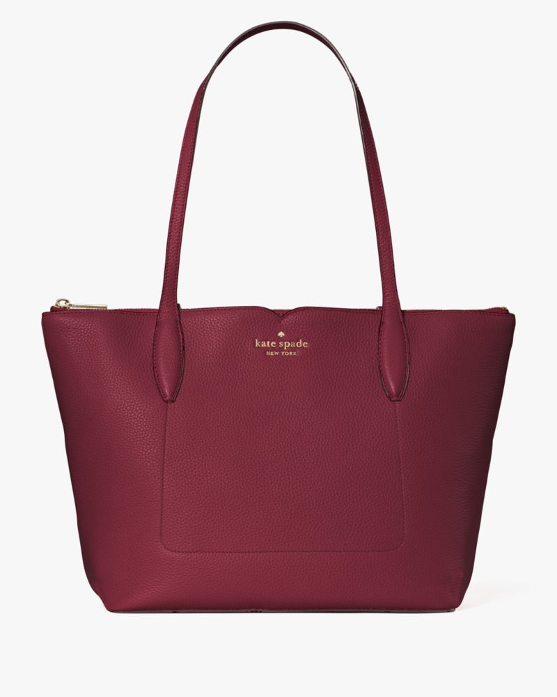 Kate Spade,Harlow Medium Tote,Leather,Tote,Logo,Metal,Lined,Work,Maroon