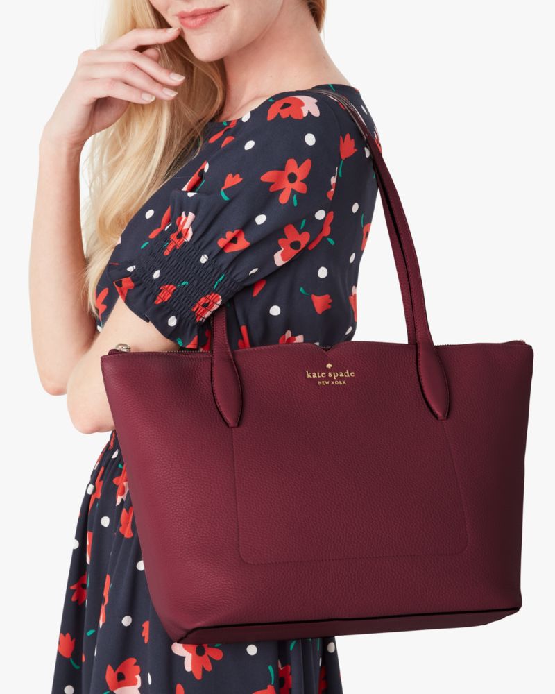 Kate Spade,Harlow Medium Tote,Leather,Tote,Logo,Metal,Lined,Work,Maroon