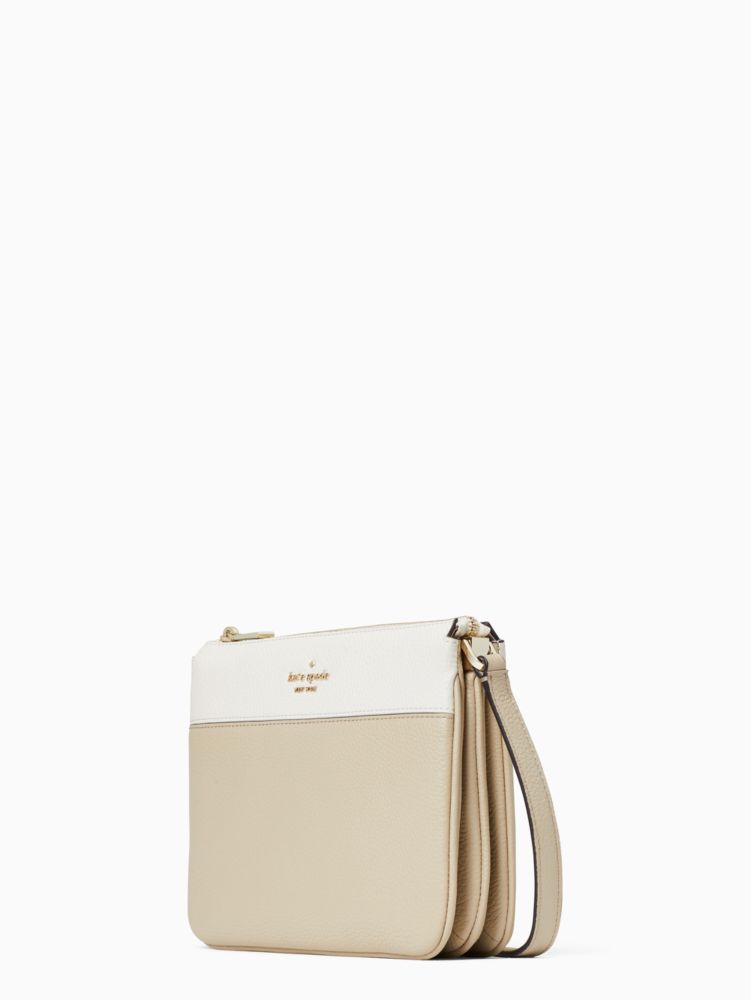 Kate Spade,Leila Colorblock Triple Gusset Crossbody,Leather,Crossbody,Color Block,Logo,Metal,Gusset,Casual,Beige